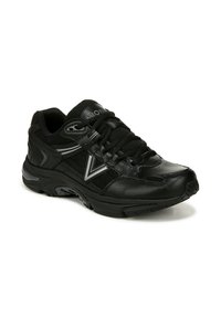 Black athletic shoe with a textured mesh upper, synthetic leather accents, a padded collar, and a rubber sole featuring a grip pattern.