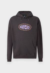 Donkergrijze hoodie met een voorzak, koorden en een paars en roze "RIP CURL RAW ENERGY" logo op de borst.