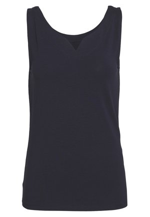 Czarny bezrękawnik z zaokrąglonym dekoltem i delikatnym wycięciem w kształcie litery V na środku przodu.