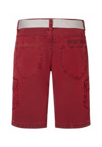 Red cotton shorts with a textured finish, featuring a wide elastic waistband, two back pockets, and a side cargo pocket.