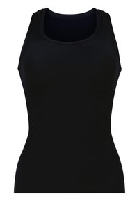 Schwarzes sportliches Tanktop aus glattem, dehnbaren Stoff mit rundem Halsausschnitt und nahtlosem Design, das dezente, geschwungene Nähte aufweist.