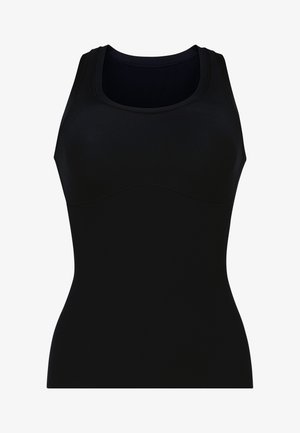 Black athletic tank top made of smooth, stretchy fabric with a rounded neckline and seamless design, featuring subtle curved stitching details.