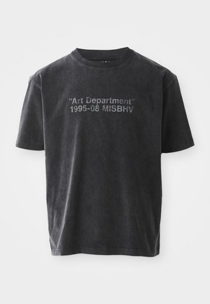 Black short-sleeve T-shirt with faded white text "Art Department 1995-08 MISBHV" centered on front, displayed against a white background.