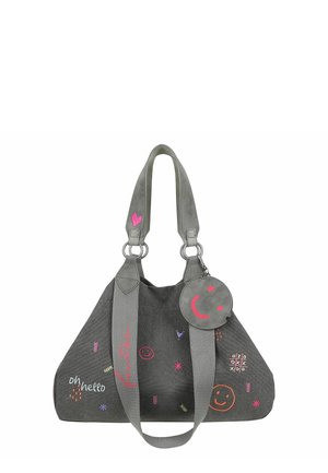 Sac à main gris foncé avec larges anses, visages souriants brodés colorés, texte "oh hello", motif morpion et porte-clés rond en forme de visage souriant.