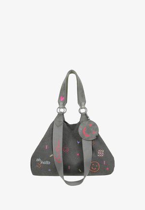Borsa a mano grigio scuro con ampie cinghie, faccine sorridenti colorate ricamate, scritta "oh hello", motivo tris e portachiavi rotondo a forma di faccina sorridente.