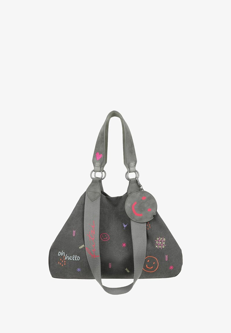 Sac à main gris foncé avec larges anses, visages souriants brodés colorés, texte "oh hello", motif morpion et porte-clés rond en forme de visage souriant.