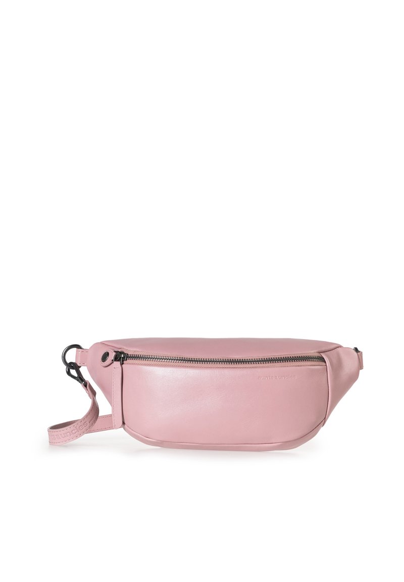 Roze leren heuptas met een gladde afwerking, ritssluiting en een verstelbare riem. Zijhardware voor veelzijdigheid en gebruiksgemak.