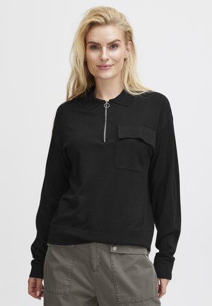 Black long-sleeve top with a zippered collar, featuring a front pocket, crafted from a soft fabric with a smooth texture.
