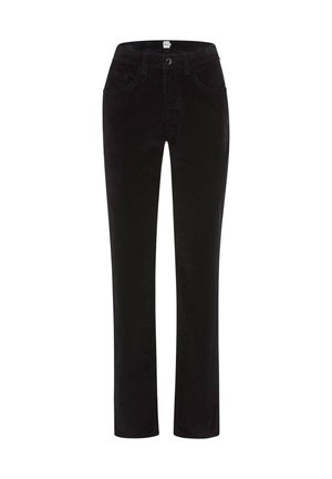 Pantaloni in corduroy neri con design a gamba dritta, dotati di tasche frontali, chiusura con bottone e tessuto testurizzato.
