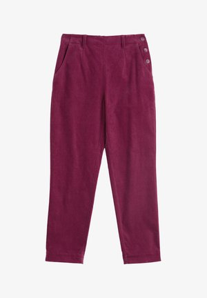 Pantalon en velours côtelé bordeaux avec une jambe droite, deux poches avant et quatre boutons à la taille pour les détails de fermeture.