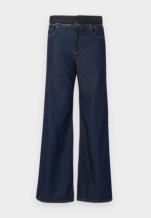 Mørkeblå jeans med høyt liv og vide ben, med rå kant og kontrasterende svart elastisk midjebånd.