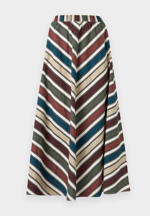 Maxirock mit elastischem Bund, versehen mit diagonalen Streifen in Creme, Weinrot, Olivgrün, Blau und Schwarz auf einem glatten Stoff.