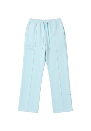 Pantaloni della tuta azzurri con vita elastica, coulisse, tasche laterali e una sottile ricamatura a stella sulla coscia sinistra.