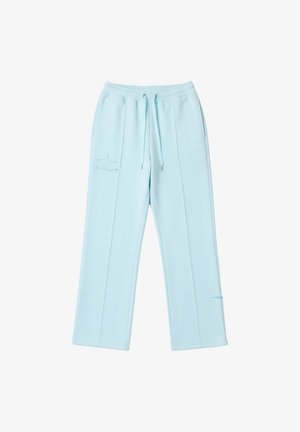 Pantaloni della tuta azzurri con vita elastica, coulisse, tasche laterali e una sottile ricamatura a stella sulla coscia sinistra.