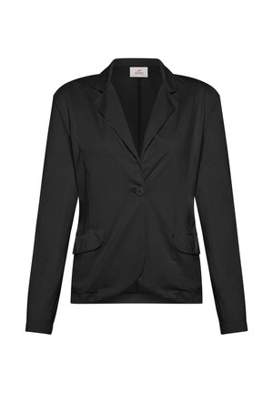 Zwarte blazer met een enkele knoopsluiting, ingeknipte revers en twee voorzakken. Gemaakt van een gladde stof, met een getailleerde pasvorm.