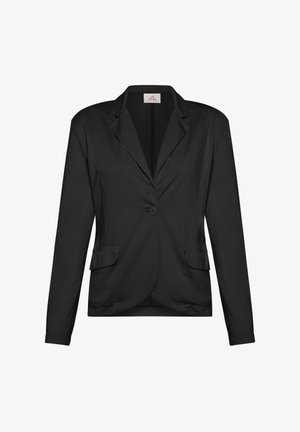 Blazer nero con chiusura a un bottone, rever a punta e due tasche frontali. Realizzato in tessuto liscio, presenta una vestibilità sartoriale.