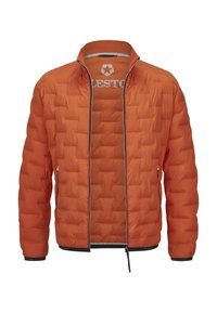 Gepolsterte orange Jacke mit gesteppter Oberfläche, durchgehendem Reißverschluss und schwarzen Akzenten an Bündchen und Saum. Verfügt über ein Logo am Kragen.