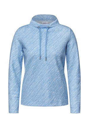 Blauwe hoodie met lange mouwen, gemaakt van zachte stof, met een trekkoord bij de kraag en een textuurpatroon in een lichtere tint.