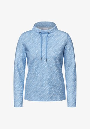 Hoodie bleu à manches longues en tissu doux, avec un cordon de serrage au col et un motif texturé dans une teinte plus claire.