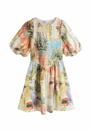 Krátke šaty s balónovými rukávmi, naškrobeným živôtikom a viacfarebnou abstraktnou kvetinovou potlačou v pastelových a zemných tónoch.