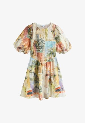 Rövid ruha puffos ujjal, fojtott bodrrésszel és pasztell valamint földszínekkel díszített, többszínű, absztrakt virágmintával.