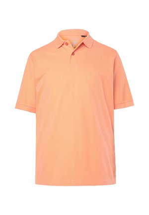 Polo tričko s krátkým rukávem v světle oranžové barvě, vyrobené z hladké látky. Má klasický límec, dvouknoflíkovou légu a nenápadné logo značky na lemu.