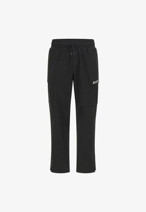 Fekete sportnadrág rugalmas derékpánttal, zsinóros záródással, két oldalsó zsebbel és logóval a jobb combon.