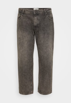 Sorte falmede jeans med lige ben, foran knap- og lynlås-lukning, forlommer og bæltestropper.