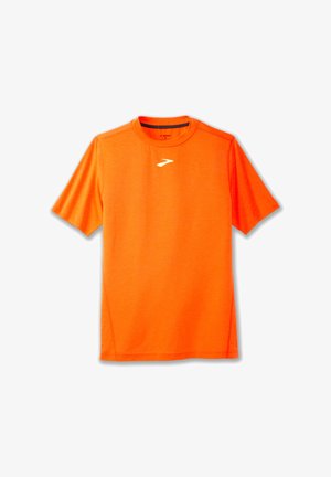 Lühikese varrukaga sportlik särk erksas oranžis kangas, millel on ümmargune kaelus, pehme tekstuur ja väike valge logo vasakul rinna kohal.