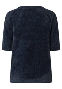 Dunkelblause, kurzärmelige Bluse aus weichem, strukturiertem Stoff. Sie hat einen lockeren Schnitt und einen runden Halsausschnitt. Keine sichtbaren Muster oder Beschläge.