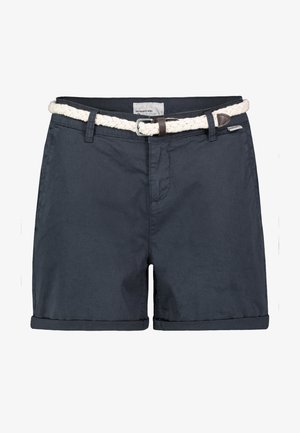 Navy blue shorts made of a textured fabric, featuring a braided white belt with a brown buckle and rolled-up hems.