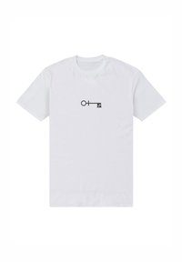 Hvid bomulds T-shirt med et sort grafisk design af en nøgle og et kameraikon i midten. Korte ærmer og rund halsudskæring.
