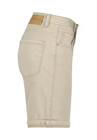 Khaki denim shorts med rullekant, der har et lædermærke på den bageste talje og to baglommer med søm detaljer.