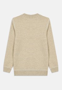 Sudadera color beige con una tela texturizada. Presenta un escote redondo, mangas largas y puños y dobladillo acanalados. Sin patrones de diseño ni acentos.