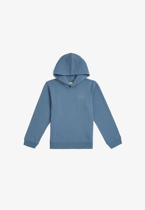 Modrá bavlnená mikina s dlhými rukávmi a klokankovým vreckom. Má jemnú grafiku na hrudi a kapucňu so šnúrkou. Mäkky povrch.