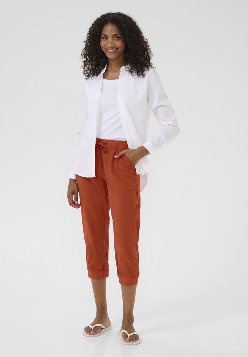 Pantaloni Capri Donna Vita Alta In Cotone Con Bottoni E Coulisse - Larghi, Con Tasche, Beige