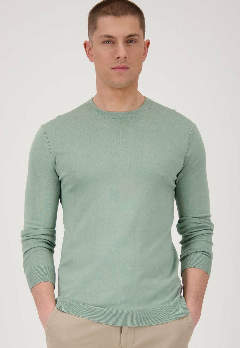 Maglione a maglia verde chiaro con maniche lunghe, scollatura arrotondata, polsini e orlo a coste, design aderente, texture morbida e stile minimalista.