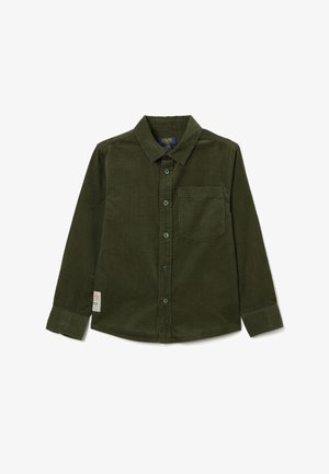 Donkergroen corduroy overhemd met een button-down kraag, lange mouwen, borstzak en groene knopen. Heeft een klein logolabel aan de zijkant.