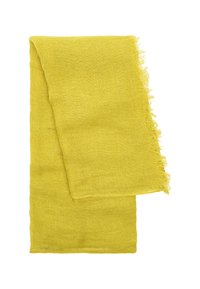 Lniany szalik w jaskrawym żółtym kolorze, o teksturowanym splocie i postrzępionych brzegach. Lekki i prostokątny w kształcie.