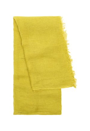 Lniany szalik w jaskrawym żółtym kolorze, o teksturowanym splocie i postrzępionych brzegach. Lekki i prostokątny w kształcie.