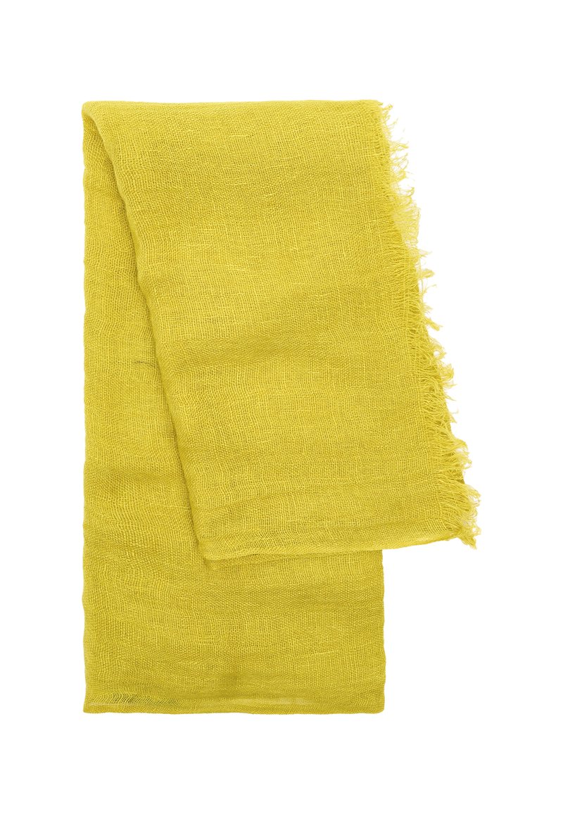 Lniany szalik w jaskrawym żółtym kolorze, o teksturowanym splocie i postrzępionych brzegach. Lekki i prostokątny w kształcie.