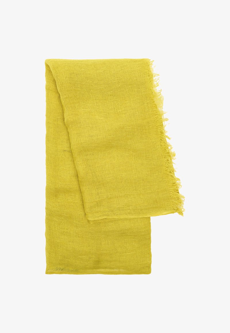 Lniany szalik w jaskrawym żółtym kolorze, o teksturowanym splocie i postrzępionych brzegach. Lekki i prostokątny w kształcie.