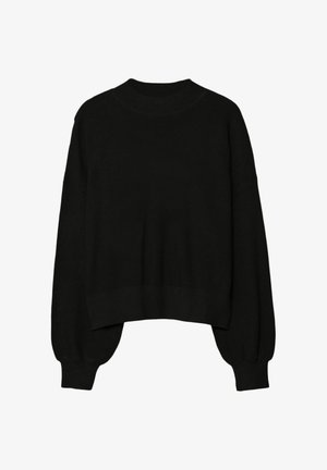 Schwarzer Strickpullover mit rundem Ausschnitt, oversized Ärmeln und cropped Saum. Weiche Textur und Rippendetails an den Bündchen und am Saum.