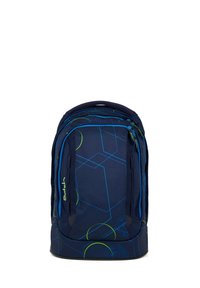 Dark blue backpack with geometric green and blue line patterns, multiple zippered compartments, and a top handle.