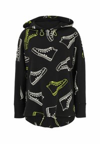 Black hoodie featuring white and neon green sneaker prints. Long sleeves, loose design, and a drawstring at the waistband for adjustability.