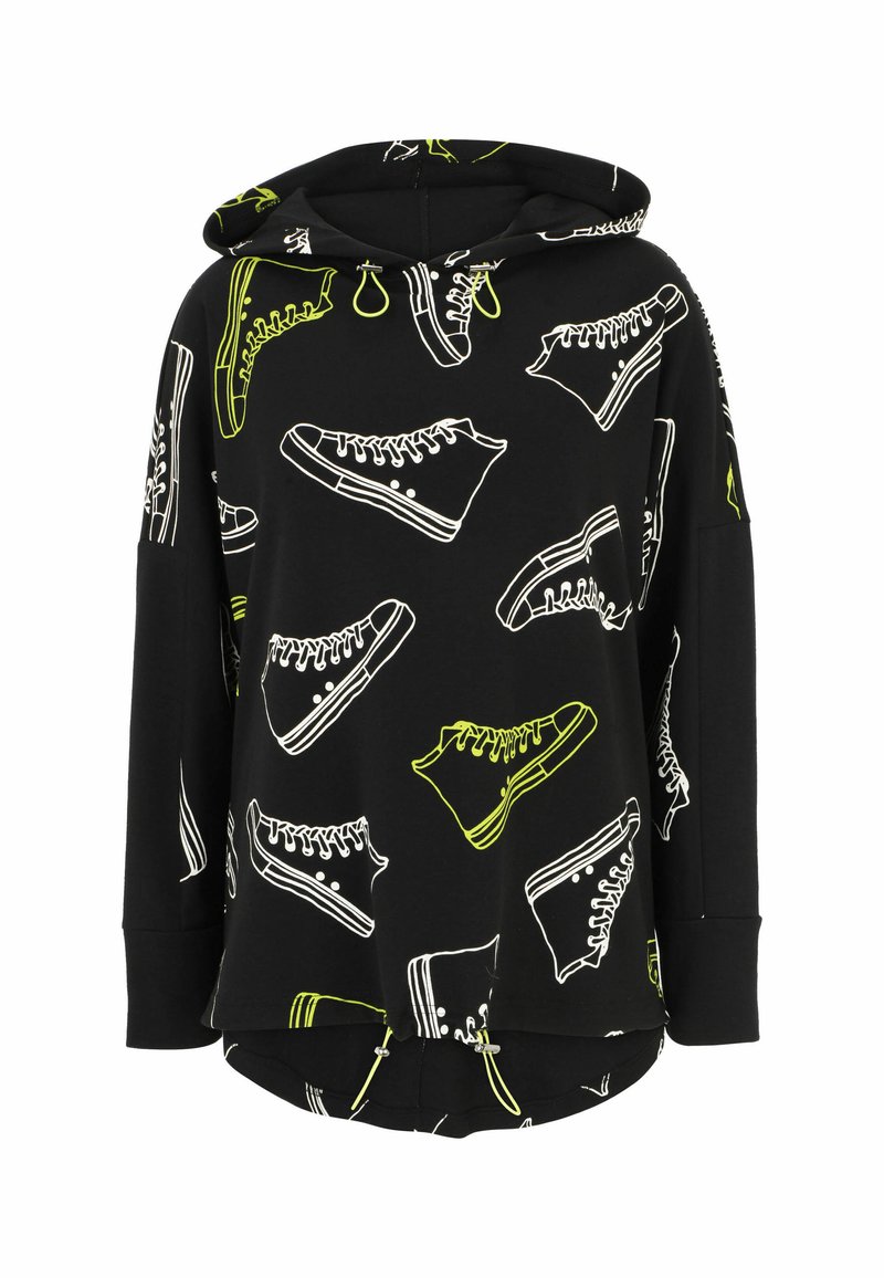 Black hoodie featuring white and neon green sneaker prints. Long sleeves, loose design, and a drawstring at the waistband for adjustability.