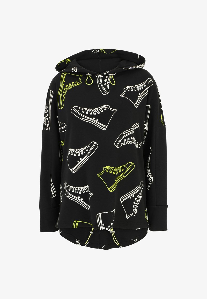 Black hoodie featuring white and neon green sneaker prints. Long sleeves, loose design, and a drawstring at the waistband for adjustability.