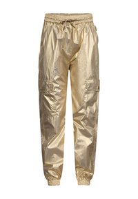 Gouden, glanzende cargobroek van lichtgewicht materiaal, voorzien van een elastische tailleband met trekkoord, zijzakken en elastische manchetten.