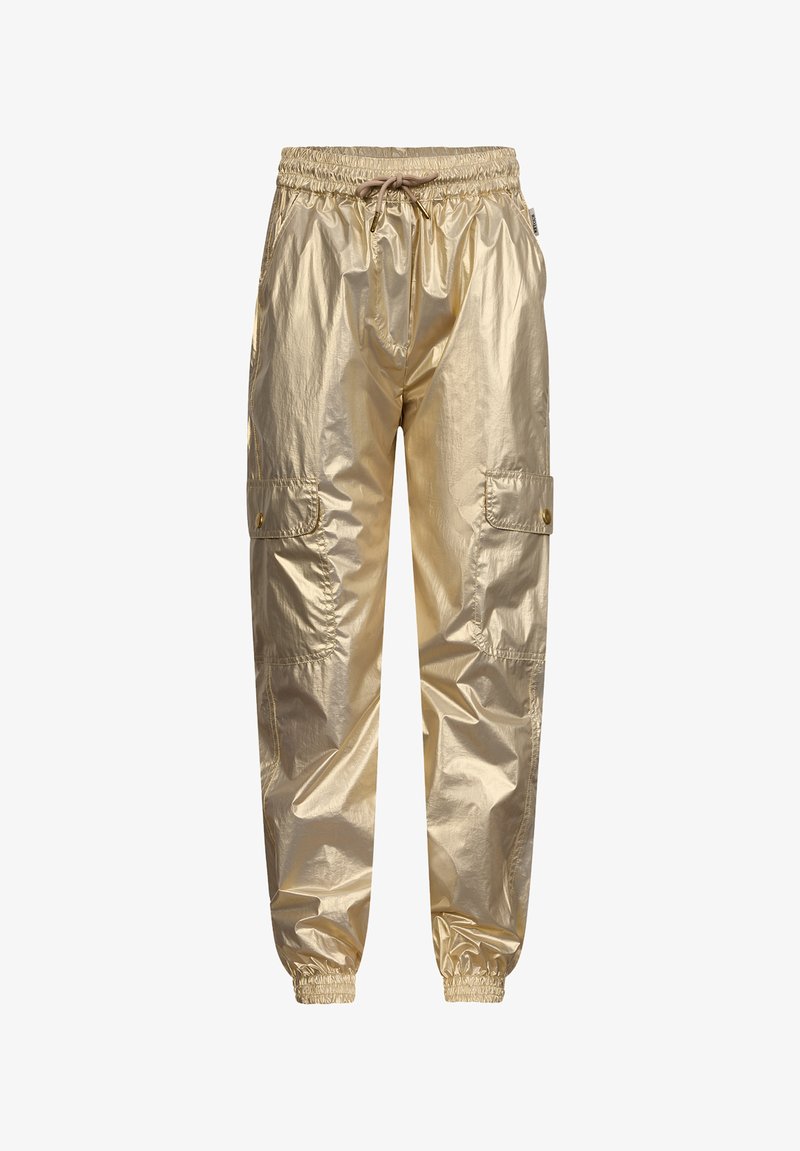 Gouden, glanzende cargobroek van lichtgewicht materiaal, voorzien van een elastische tailleband met trekkoord, zijzakken en elastische manchetten.