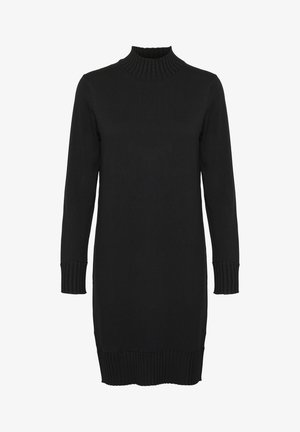 Melnas adītas kleitas ar ribotu augsto apkakli un garām piedurknēm. Iezīmē ribotas aproces un apakšmalu, gluda tekstūra, vidusceļa garums.